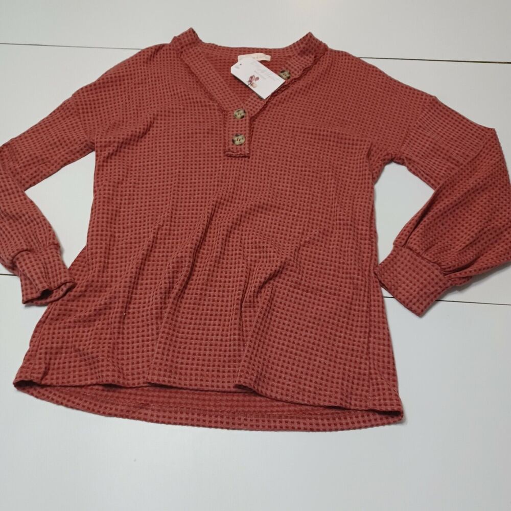 New Hailey & Co Womens Small Button Up Henley Sweater Mauve Long Sleeve V Neck